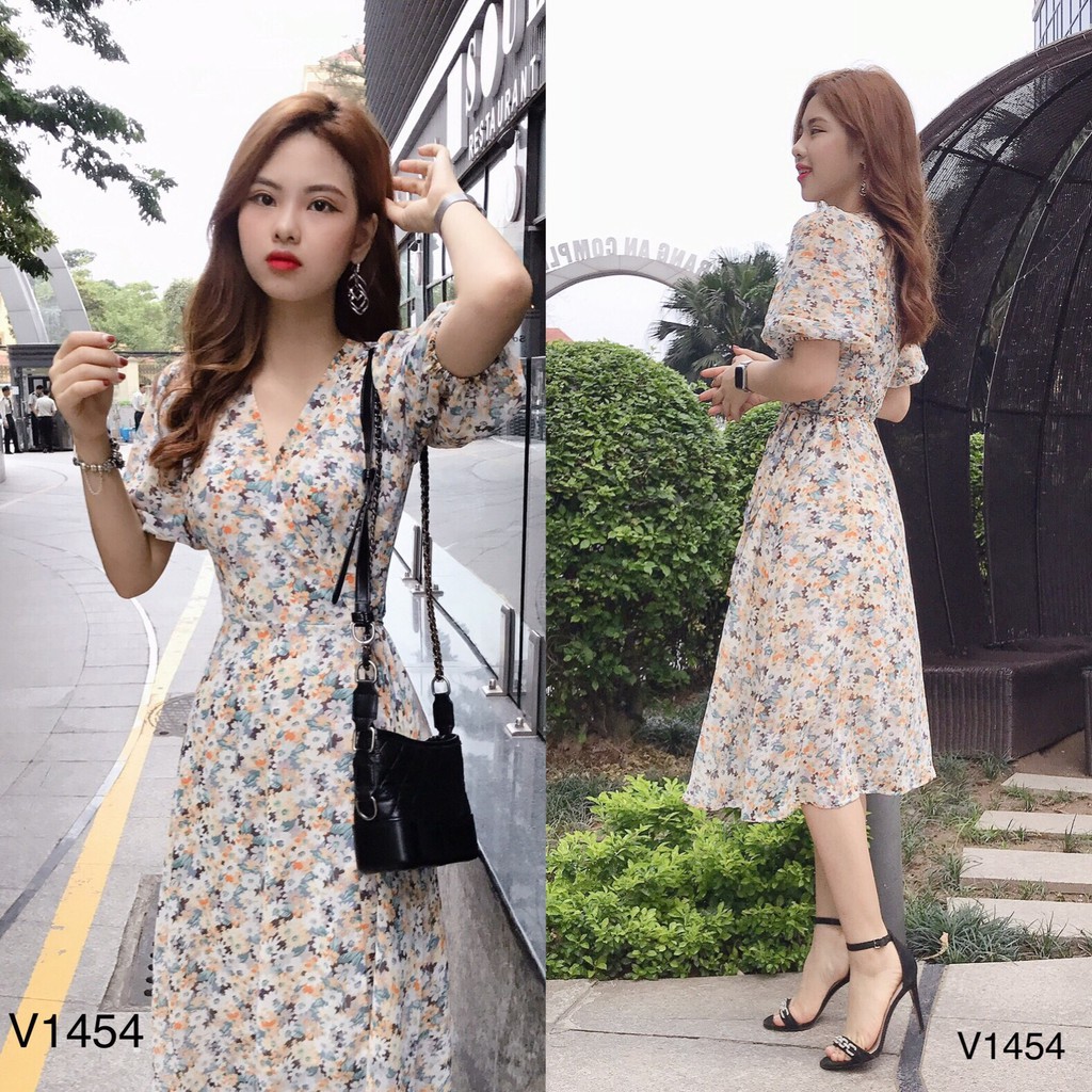 Váy voan hoa nhí tay bồng V1454-  mặc đi dự tiệc- mặc đi biển- mặc đi chơi( Kèm ảnh thật trải sàn do shop tự chụp) | BigBuy360 - bigbuy360.vn