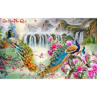 Tranh Chim công và hoa mẫu đơn, Tranh dán tường 3d hiện đại (tích hợp sẵn keo)