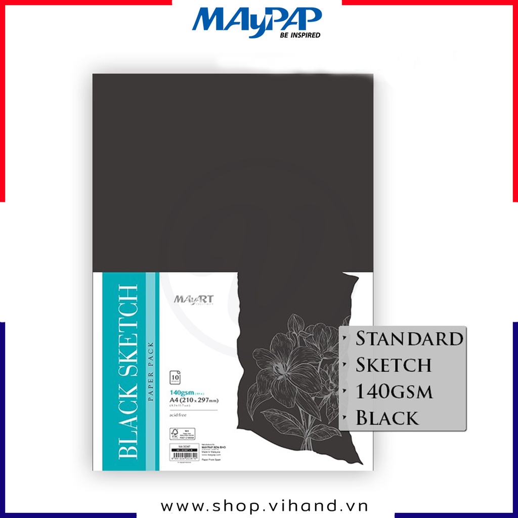 Tập giấy đen vẽ nghệ thuật MayArt Black Sketch Paper Pack A4 140gsm – 10 tờ