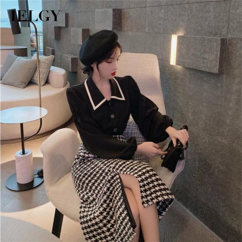 Áo sơ mi tay dài màu đen/ Chân váy dài lưng cao IELGY thiết kế thời trang cho nữ