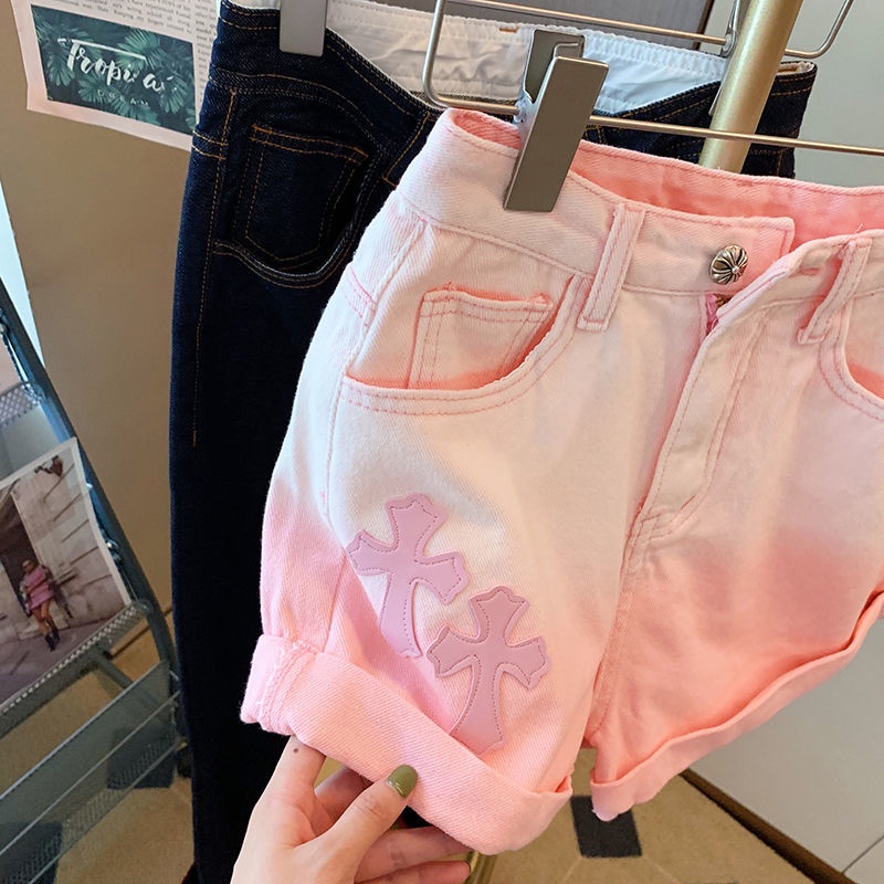 Pink gradient cross denim shorts women's summer 2022 new small ins fashion high waist hem straight pants