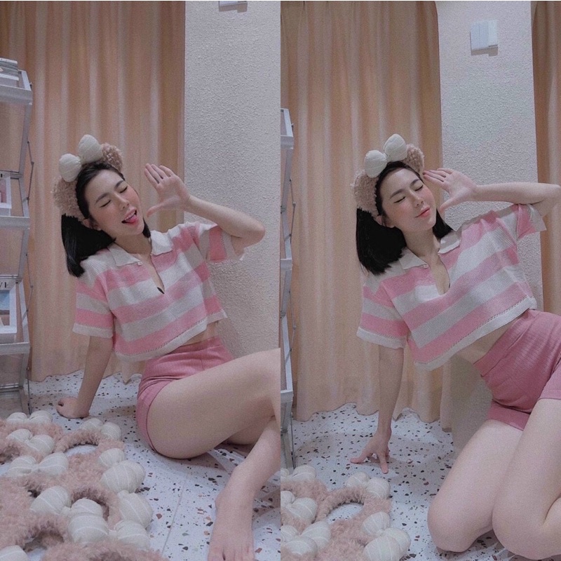 áo len croptop quảng châu cổ bẻ chữ V ngắn tay