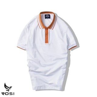 Áo thun nam cao cấp Rosi PL03 cổ polo tay bo ngắn,vải cotton cá sấu phối màu cam trắng,dáng ôm (Slimfit) trẻ trung.
