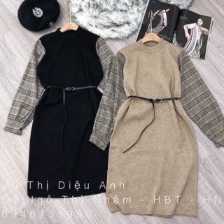 Váy len pha tay kẻ kèm đai