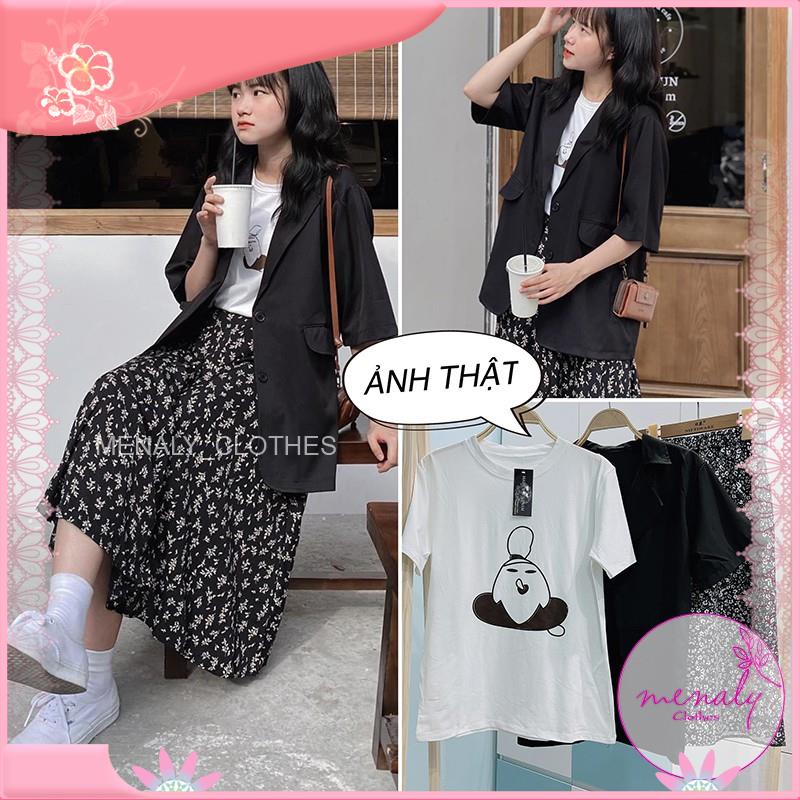 Set vest nữ 3 món vintage SE032, set gồm Áo blazer cộc tay dáng ngắn, áo thun, chân váy hoa nhí midi