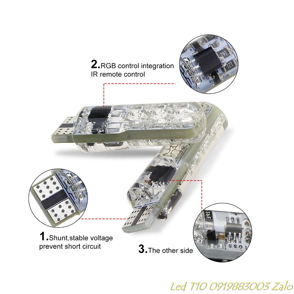 Bộ 2 đèn Led T10 RGB 16 màu kèm Remote điều khiển 6 SMD 5050 lắp đèn led demi,biển số, cốp sau