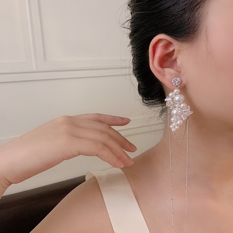 Bông Tai Dáng Dài Phối Tua Rua Đính Ngọc Trai Thời Trang Cổ Điển Phong Cách Hàn Quốc Cho Nữ 2022