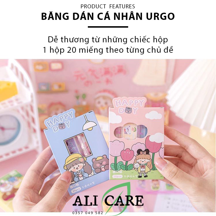 Băng dán cá nhân urgo hình họa tiết cute dễ thương, 1 hộp 20 miếng ơ gâu dán vết thương không thấm nước ALI CARE