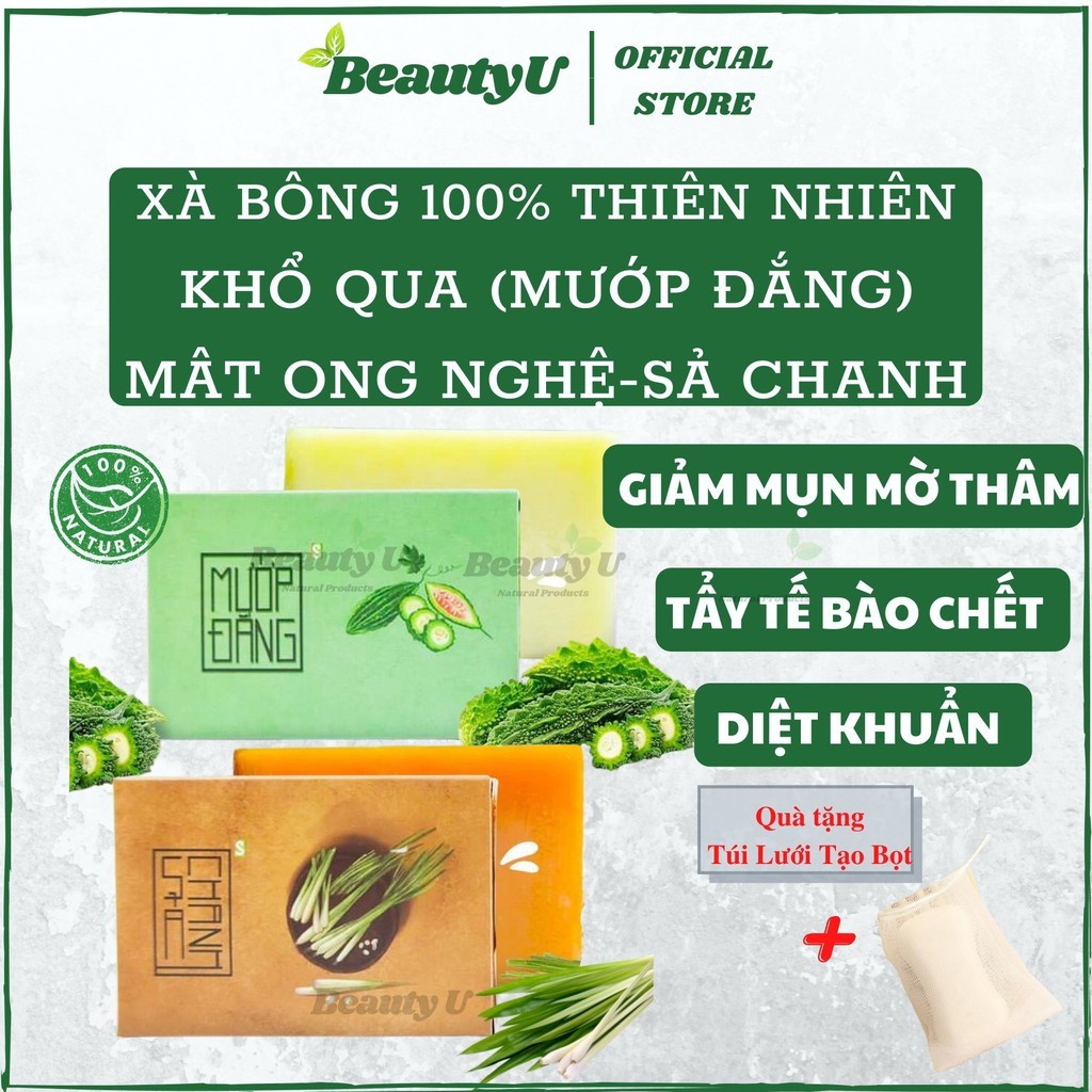 Soap Xà Bông Cục Handmade Mướp Đắng , Mật Ong Nghệ , Sả Chanh - Xà Phòng Giảm Mụn Lưng Thâm Mông Tẩy Da Chết Tế Bào Chết