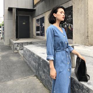 [Nhập WASIPN giảm 30K cho đơn 150K] Đầm denim dáng dài cột eo thanh lịch thời trang