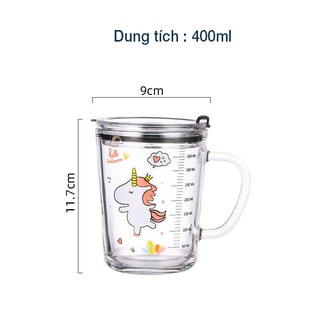 Ly Thủy Tinh chia vạch có quai cầm 350ml có nắp chống tràn + kèm tặng ống hút
