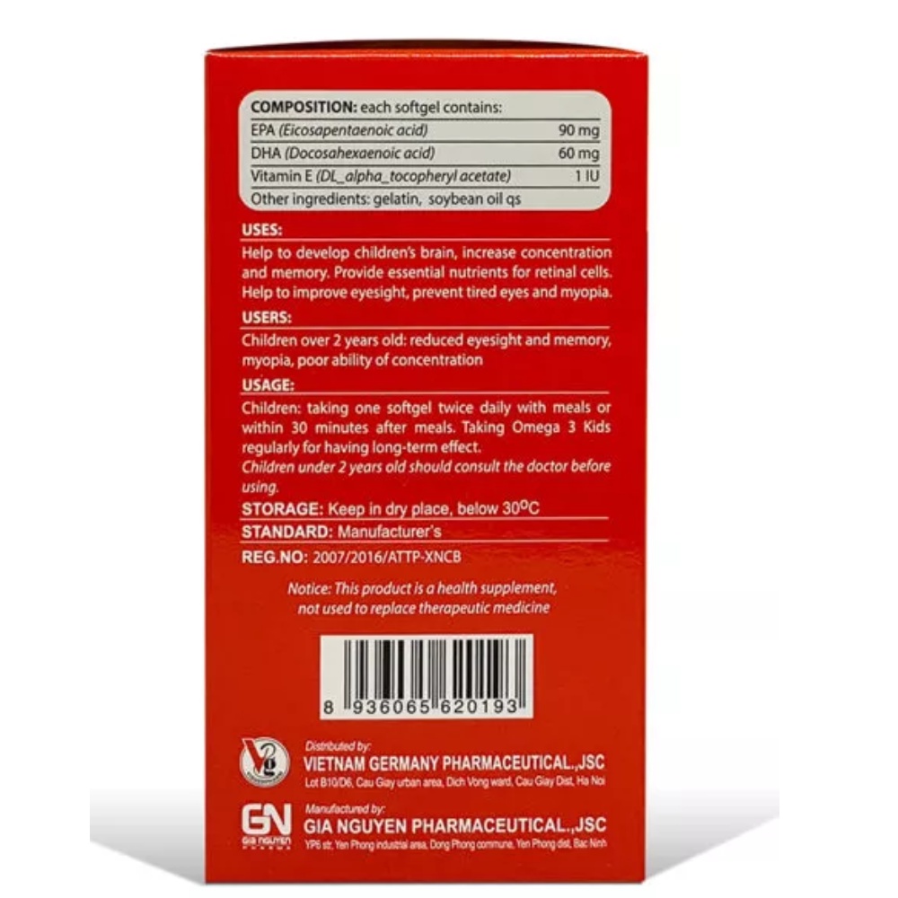 Dầu cá DHA Omega 3 kids cho bé,giúp bổ não,phát triển trí não,tăng cường thị lực sáng mắt, chống mỏi mắt hộp 60 viên