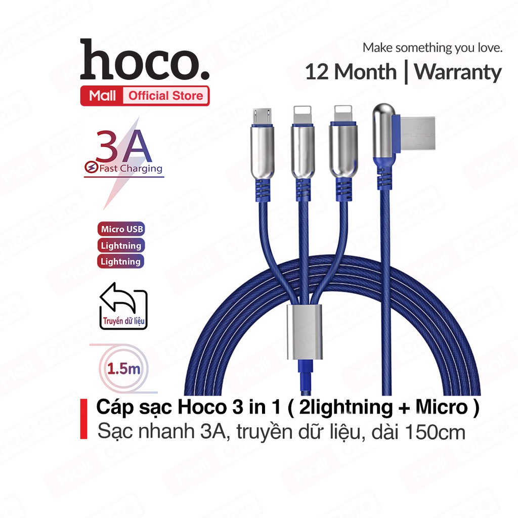 Cáp sạc Nhanh HOCO U17 2Lightning+1 Micro truyền dữ liệu và sạc nhanh 3.0A, đầu USB chữ L chống gãy gập, dài 1.5m