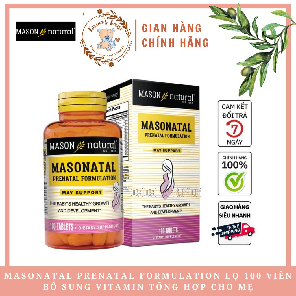 [Vitamin bầu] Masonatal Prenatal Formulation Lọ 100 Viên Bổ Sung Vitamin Tổng Hợp Cho Mẹ