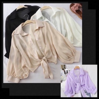 (sẵn trắng) Sơ mi voan đũi mỏng croptop tay phồng thắt dây eo chất mát