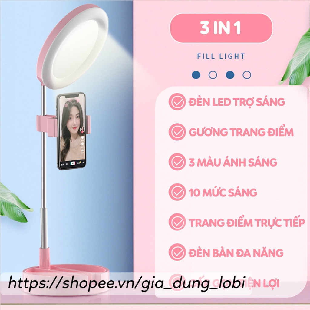 Gương trang điểm có đèn led trợ sáng livestream tích hợp giá kẹp điện thoại cao cấp