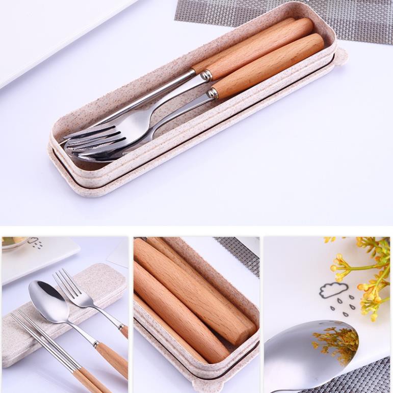 Bộ thìa, đũa, dĩa chất liệu inox, cán gỗ sang trọng tặng kèm hộp đựng cao cấp