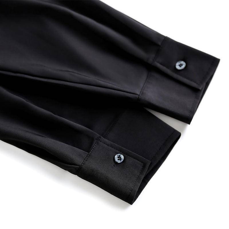Áo Sơ Mi Đen Dài Tay Dáng Rộng Dây Xích Kim Loại Không Đối Xứng Trang Trí Hình Dạng Áo Sơ Mi Unisex