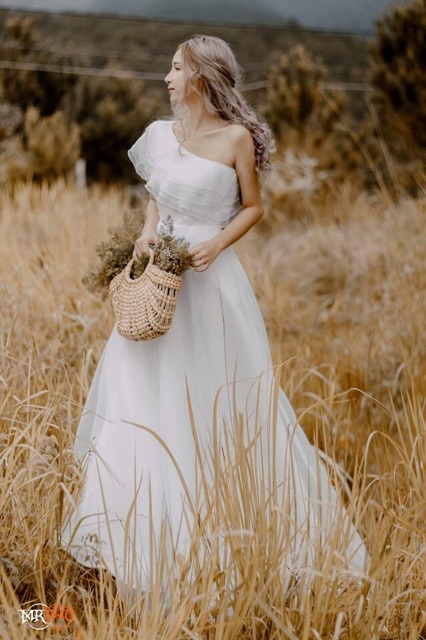 Đầm dạ hội lệch vai cô dâu chụp hình cưới cực đẹp - kèm video cận vải