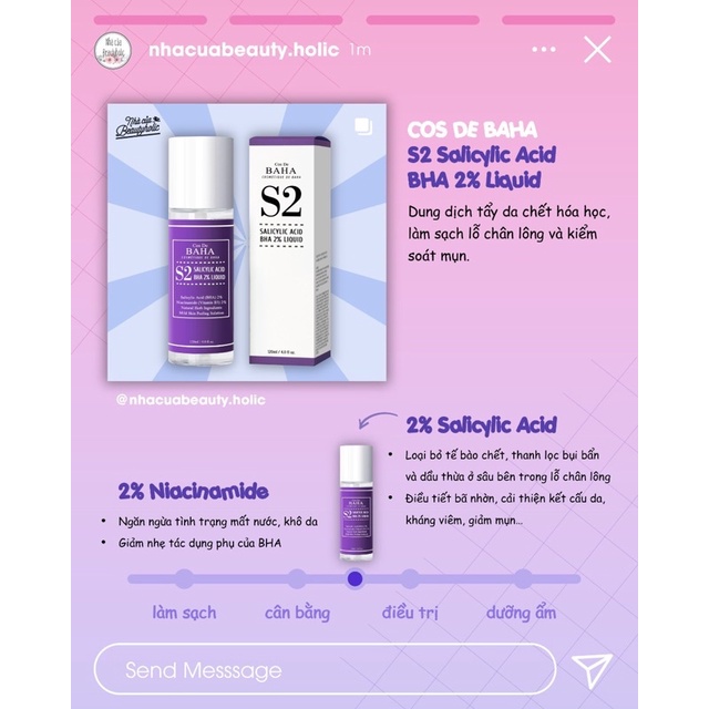 Tẩy da chết hóa học COS DE BAHA S2 BHA 2% LIQUID