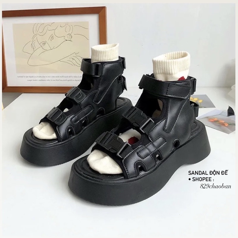 SANDAL độn đế 😉 dép chiến binh | dép da đen cao 😘 sandal tăng chiều cao