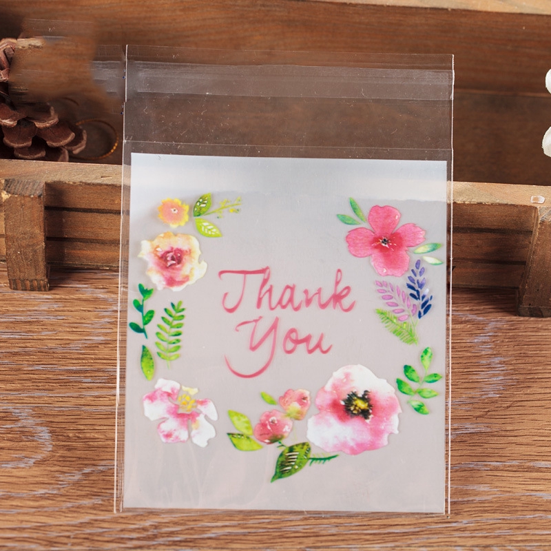 Set 100 Túi Nhựa Đựng Bánh Kẹo Có Keo Dán In Chữ Thank You