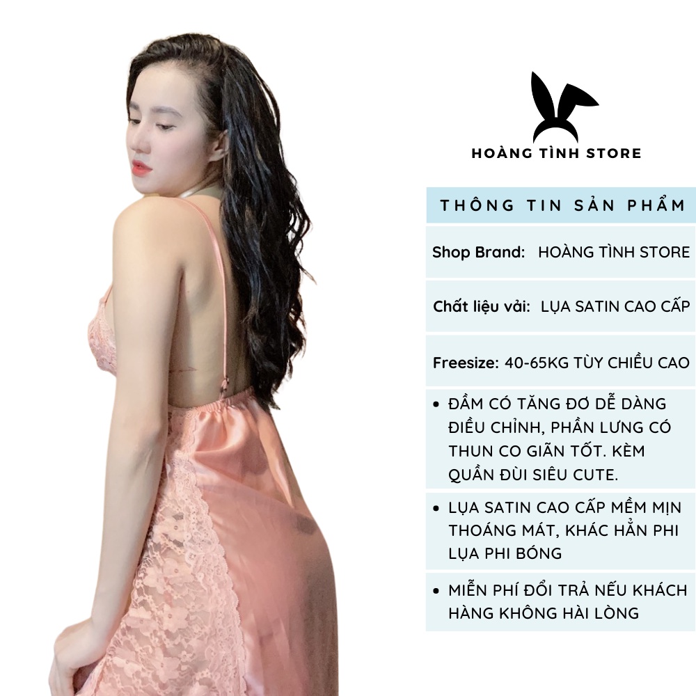 Váy ngủ sexy 2 dây lụa satin cao cấp mềm mịn Hoàng Tình Store phối hoa ngực và eo quyến rũ kèm quần đùi, Freesize