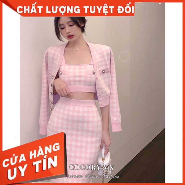 Áo Croptop Hai Dây /Chân Váy Chữ A Lưng Cao Dáng Ôm Họa Tiết Sọc Caro /Áo Khoác Tay Dài Thời Trang Cho Nữ (Bán Lẻ) - Hàn