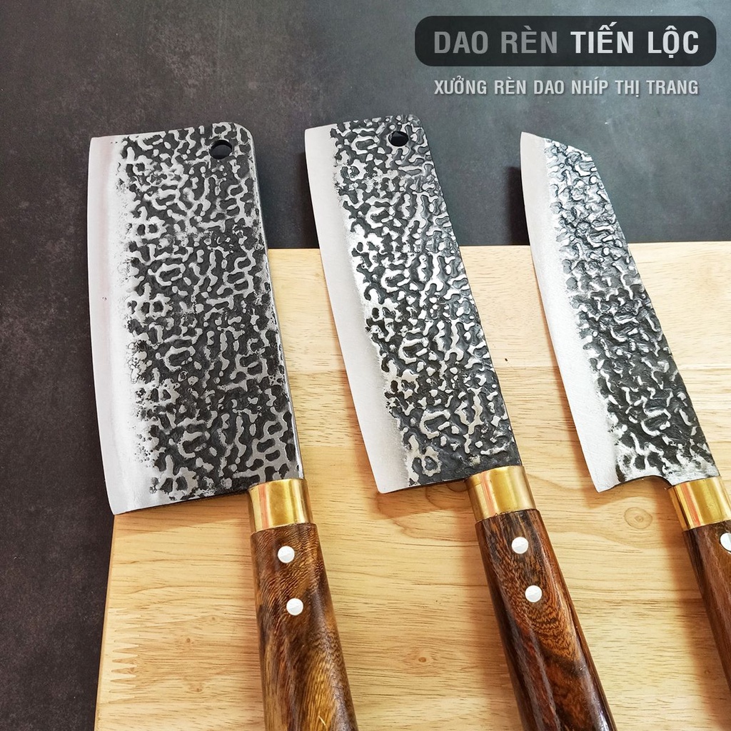 Bộ 3 Dao Nhà Bếp (ChặtTháiLọc) Thép Nhíp Dập Vân 2 Mặt Kháng Rỉ Tốt Cán Gỗ Cẩm
