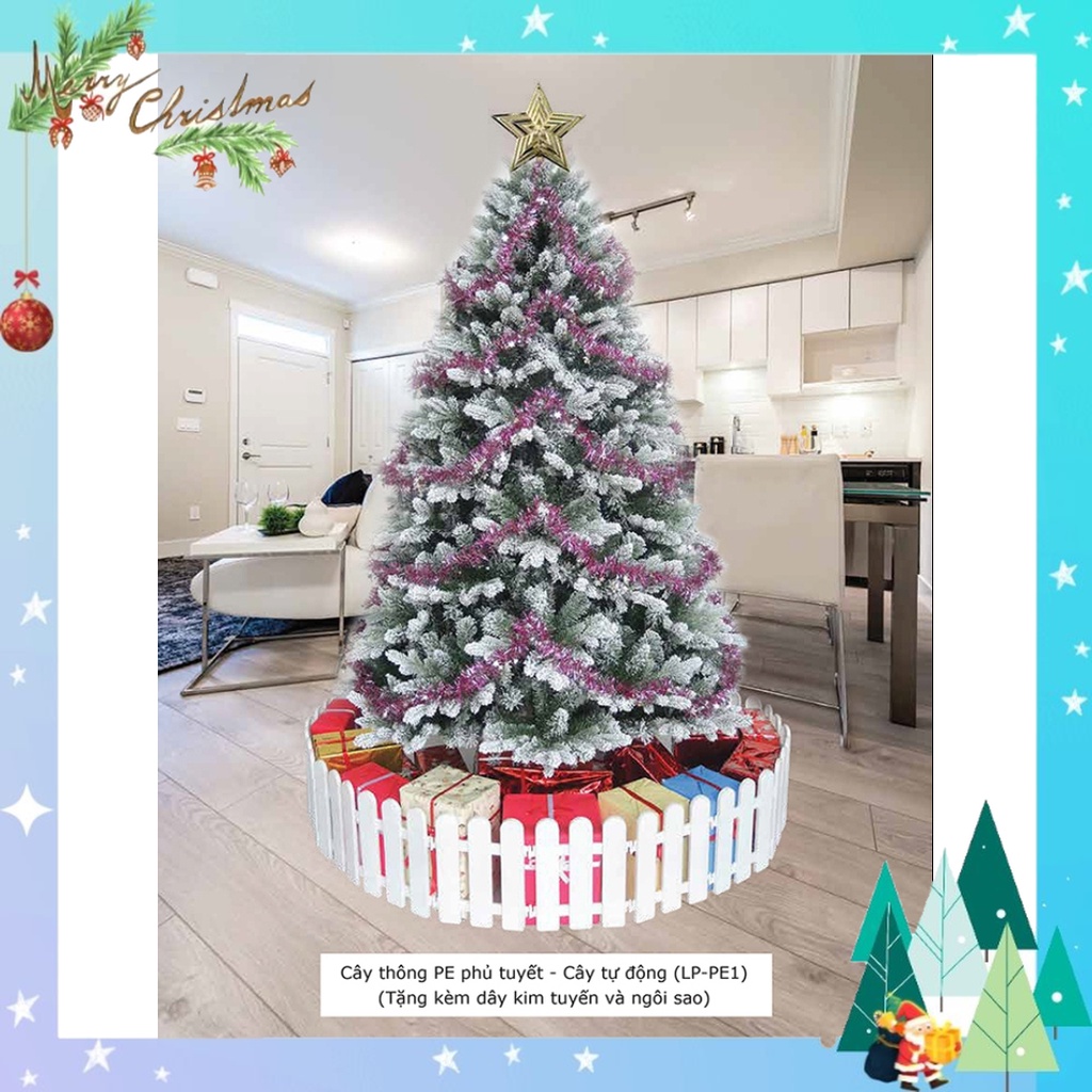 Cây thông noel phủ tuyết 3m, cây thông noel tán lá PE dày xòe cành tự động trang trí giáng sinh trong nhà ngoài trời