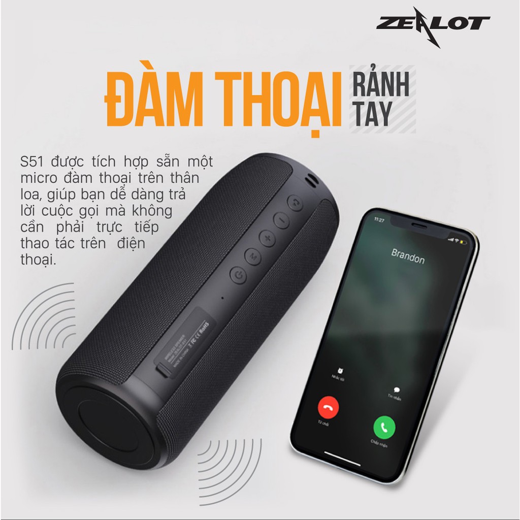 Loa bluetooth nghe nhạc không dây chống thấm nước ZEALOT S51