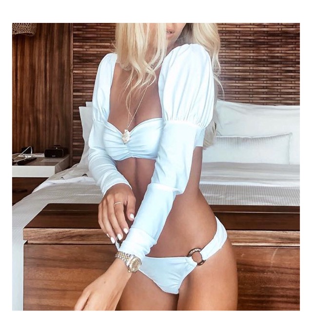 [BKN654] &lt;ÂU&gt; SET BIKINI TRẮNG DÀI TAY VAI BỒNG