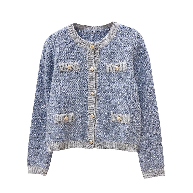 5BJS Maje 2022 French classic light blue sequin knitted cardigan short coat women's top
