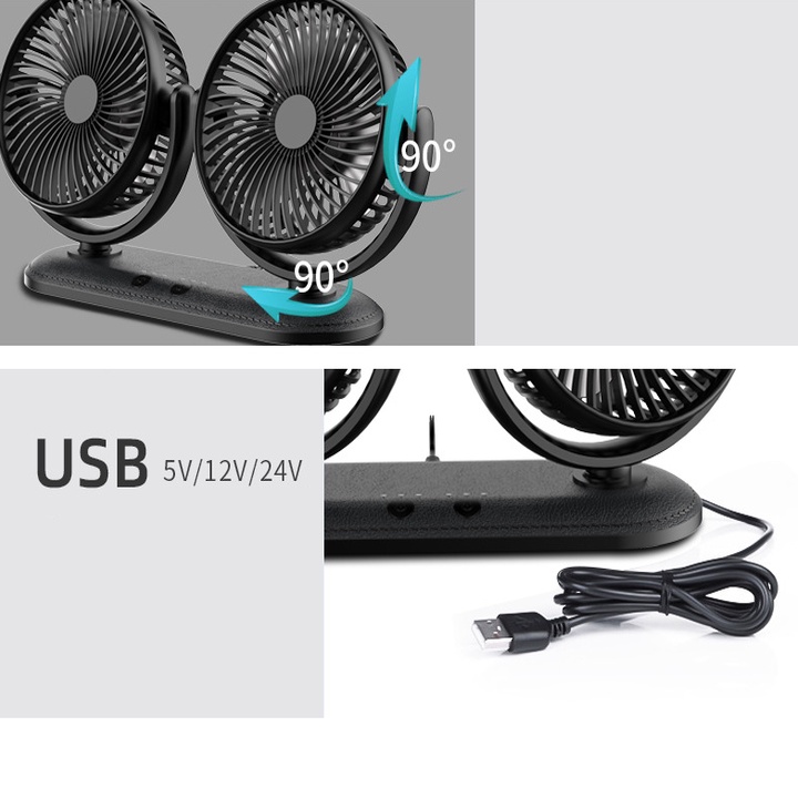 Quạt đôi xoay 360 độ, sử dùng trên ô tô, bàn làm việc, công suất 12W, 5V/2A, Dual headed car fan 12V Interior Car Coolin