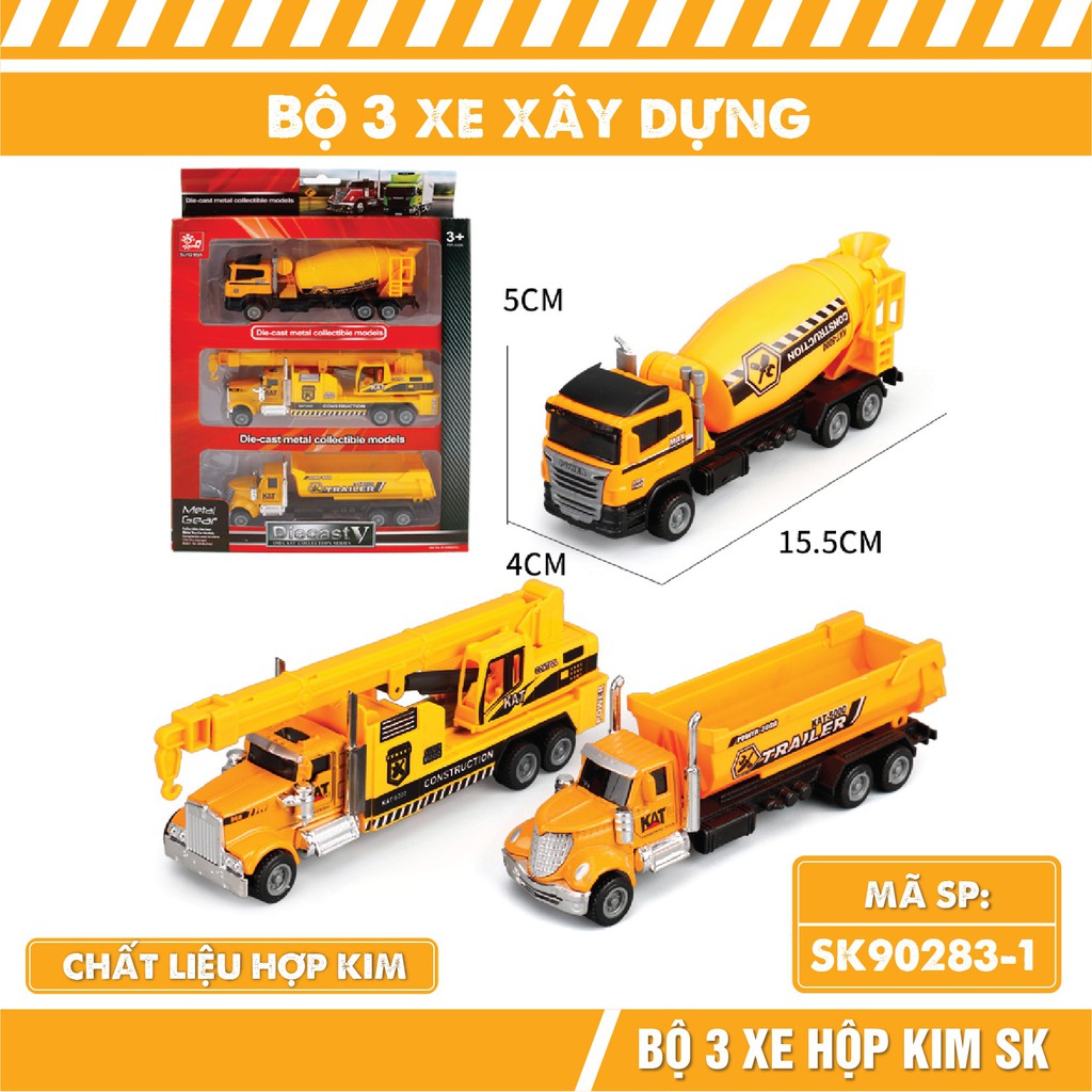 Mô hình xe tải bộ 3 xe chủ đề cứu hỏa, cảnh sát, xây dựng, nông trường