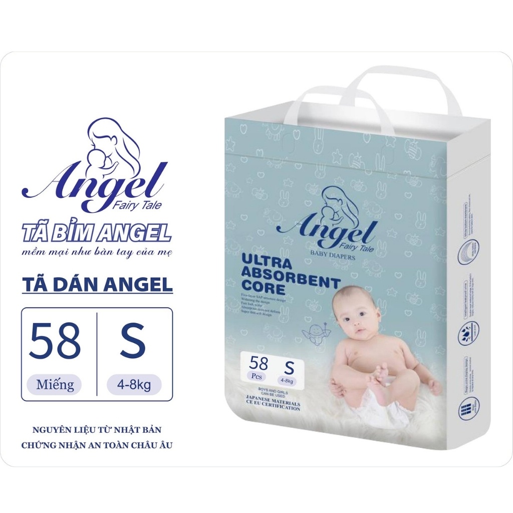 Tã Dán TBADXAS58 Bỉm Dán Sơ Sinh ANGEL S58 Siêu Thấm Hút Mềm Mịn Như Bông Chống Tràn Không Mùi Size S58 (4-8kg)