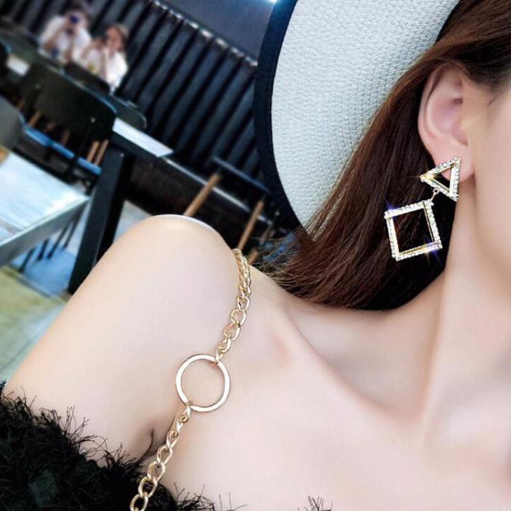 Khuyên tai nữ hình học tam giác vuông hạt đá sang trọng bông tai thời trang cá tính phong cách Hàn Quốc