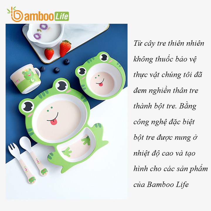 Khay ăn dặm cho bé sợi tre Bamboo Life BL040 gồm 5 chi tiết gồm thìa, dĩa, khay, bát, cốc dành cho trẻ em