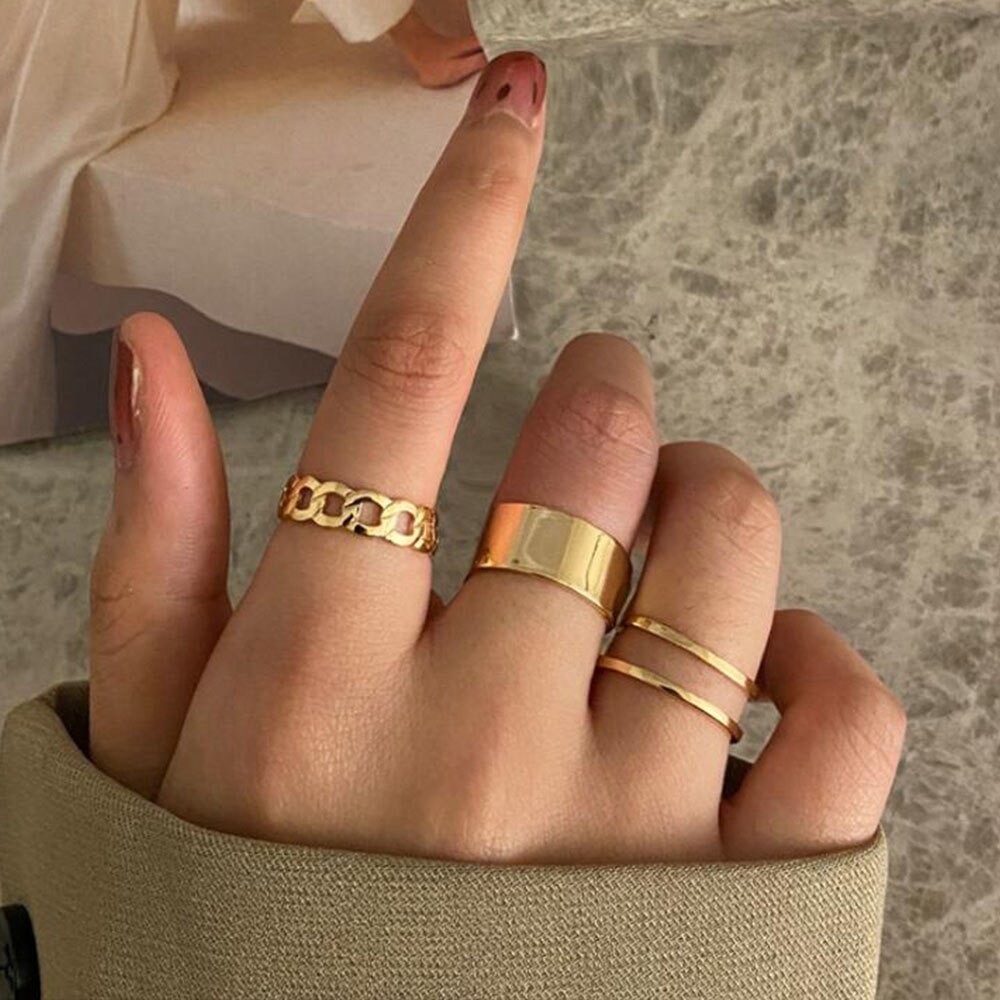 Set 3 nhẫn kim loại thiết kế hình học đơn giản thời trang cho nữ