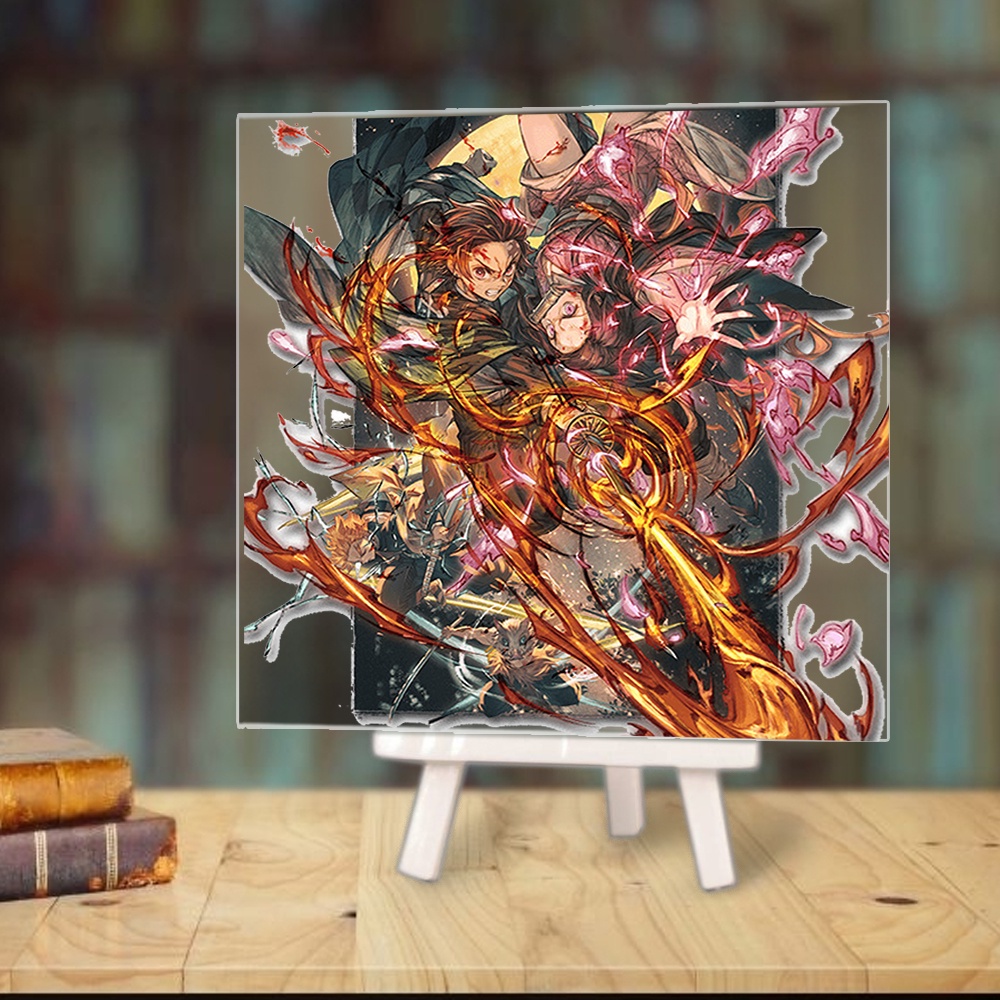 Tranh kính KIMETSU NO YAIBA Thanh Gươm Diệt Quỷ anime chibi acrylic mica trong trưng bày trang trí giá gỗ