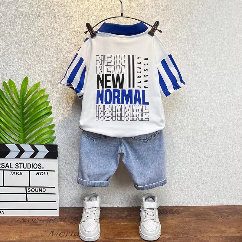 Bộ Áo Thun Polo Ngắn Tay + Quần Short Denim Dáng Rộng Thoải Mái Thời Trang Mùa Hè Cho Bé Trai 3-15 Tuổi 90-160