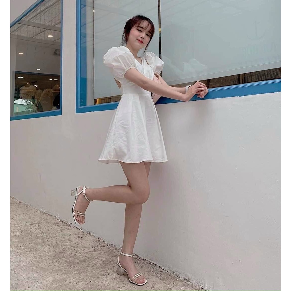 đầm lụa đan dây sau bo eo cổ V tay ngắn bồng