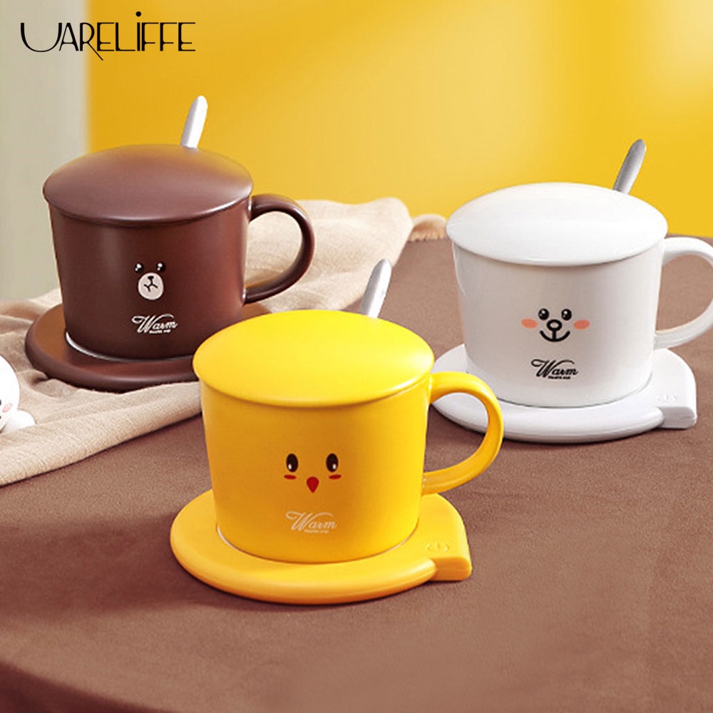 Uareliffe USB Heating Coaster Set With Ceramics Cup Spoon 55 Degree Temperature Coffee Mug Warmer