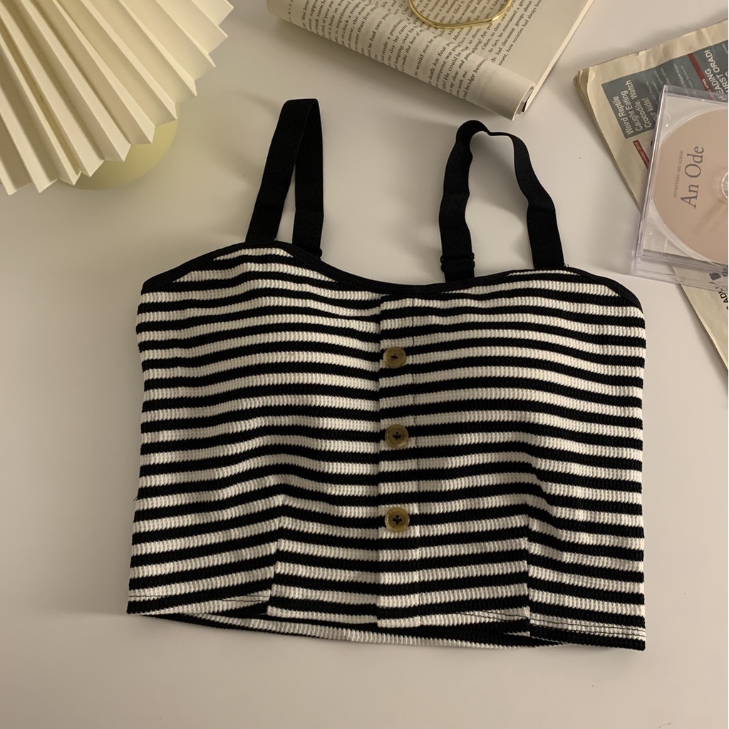 Áo Kiểu Ngắn Có Đệm Ngực Cài Nút Họa Tiết Kẻ Sọc Thời Trang Mùa Thu Mới