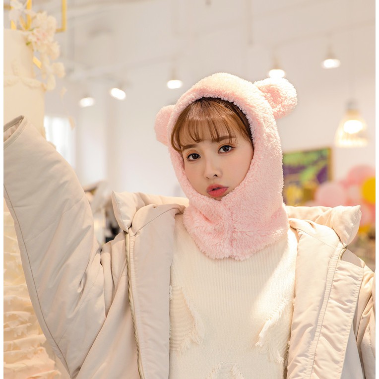 Mũ len lông cừu liền khăn cổ tai gấu dễ thương cute ấm áp mùa đông thích hợp cho bạn gái