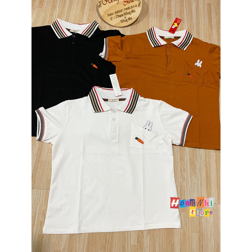Áo Thun Cổ Trụ Dáng Rộng Viền Cổ Thêu Hình, Thun Polo Nữ Ulzzang
