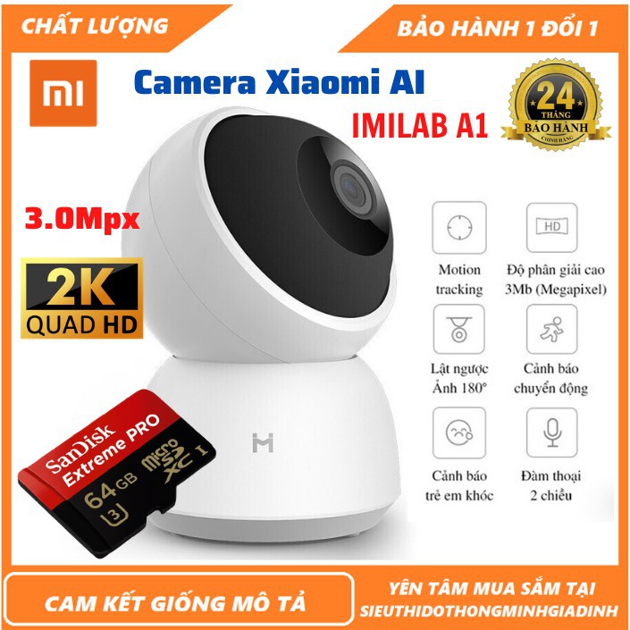 Bản quốc tế Camera giám sát ip Imilab 2k 1296p Xiaomi A1 xoay 360 độ - Mới nguyên seal  - Hàng chính hãng