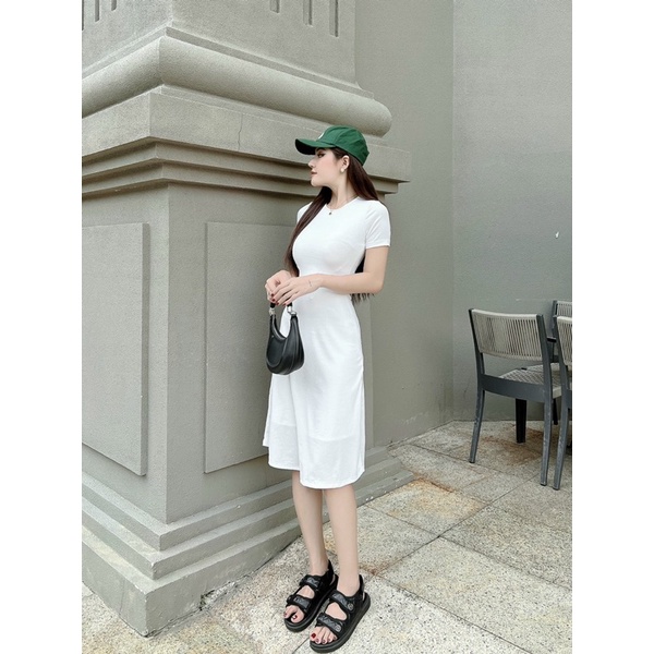 ĐẦM GÂN XOÈ CỔ TRÒN XẺ TÀ ÔM BODY BASIC XDGIMI ( Kèm Ảnh Thật)