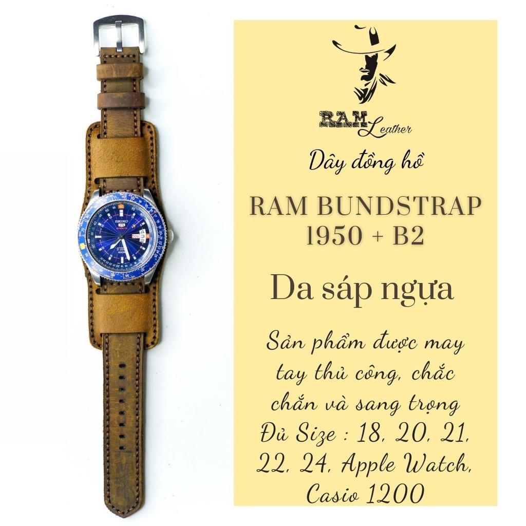 Combo Dây đồng hồ vintage da bò sáp nâu kiểu quân đội vintage RAM Leather B2 1950