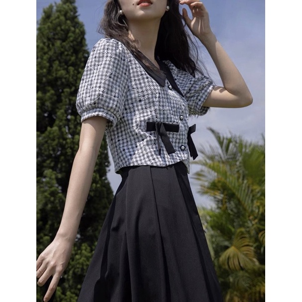 SET ÁO DẠ CARO NƠ TÚI ĐEN + CHÂN VÁY ĐEN MIDI